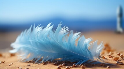 blue feather sitting on top of a beach covered in sand