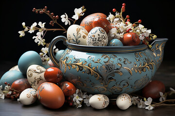 Easter decor with painted red and blue eggs