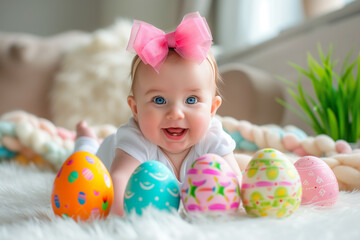 Fototapeta na wymiar Baby newborn easter joyful event with colorful eggs