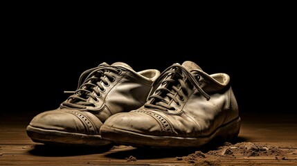 AI-generated illustration of a pair of dirty shoes lying on a wooden floor with a black background