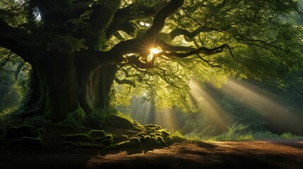 AI generated illustration of a majestic tree illuminated in a beautiful golden light in a forest