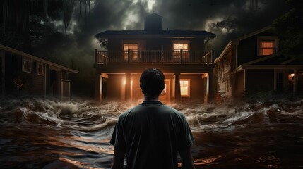 AI generated illustration of a man standing against a house in flood - obrazy, fototapety, plakaty