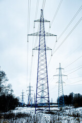 electric lines in the winter forest, snow, cold weather