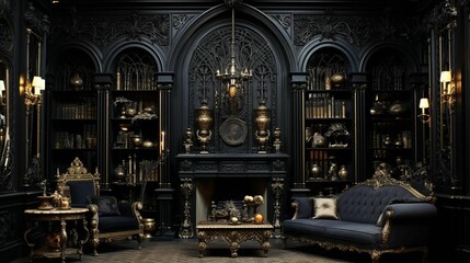 Obraz premium AI generated illustration of a gothic revival style living room and a lit fireplace