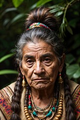 Portrait of a Native American person in a traditional costume in a lush jungle
