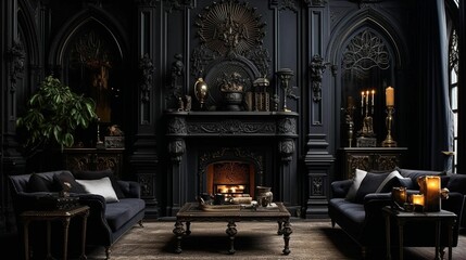 Fototapeta na wymiar AI generated illustration of a gothic revival style living room and a lit fireplace