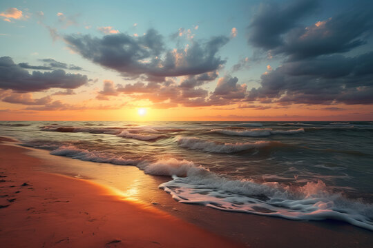 Breathtaking sunset over the ocean with waves gently crashing onto the shore, AI Generative.