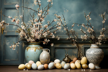 Painted eggs and flowers in interior.