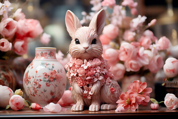 Easter bunny in Easter decor in pink color