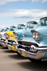 AI generated illustration of a row of classic automobiles parked side by side