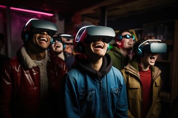 Obraz premium Group of friends experiencing virtual reality together. AI-generated.