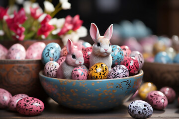 Easter bunnys and colorful painted eggs in Easter decor