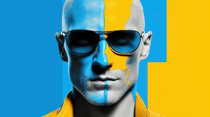 AI generated illustration of a bald man in sunglasses in blue and yellow hues