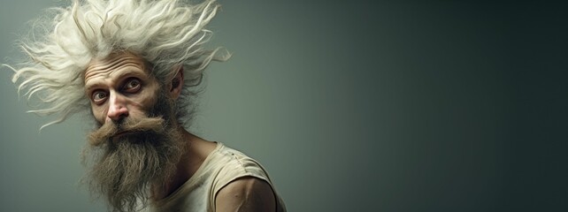 AI generated illustration of a man with long white hair and a beard on a gray background