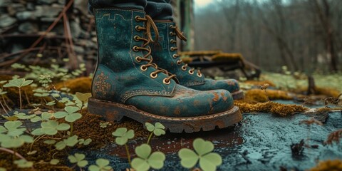 Green leather boots in the mud, a symbol of luck and nature, evoke a rugged, adventurous lifestyle.