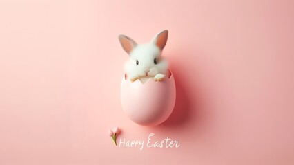 Cute Easter bunny hatching from pink Easter egg isolated on pastel pink background with copy space, Happy Easter banner with adorable rabbit