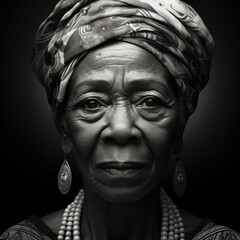 Grayscale portrait of a mature African woman looking at the camera. AI-generated.