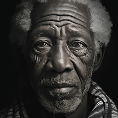 Grayscale portrait of a mature African man looking at the camera. AI-generated.