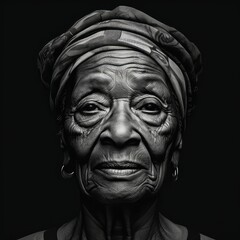 Grayscale portrait of an elderly African woman looking at the camera. AI-generated.