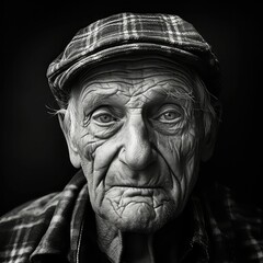 Grayscale portrait of an elderly Caucasian man looking at the camera. AI-generated.