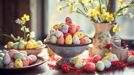 Easter decor with painted pink and yellow eggs and yellow flowers