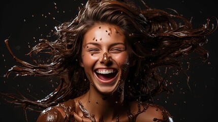 Portrait of a cheerful woman covered in chocolate cream. AI-generated.