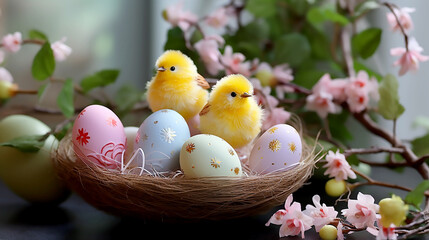 Two baby chickens and painted eggs on background of pink flowers