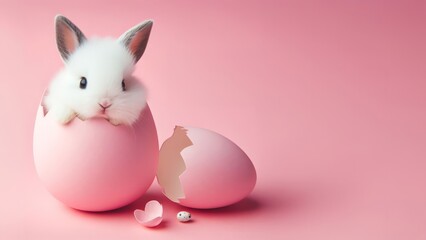 Fototapeta premium Cute Easter bunny hatching from pink Easter egg isolated on pastel pink background with copy space, Happy Easter banner with adorable rabbit