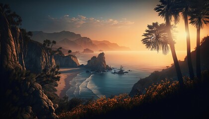 AI generated illustration of a stunning sunrise over a beach landscape - obrazy, fototapety, plakaty