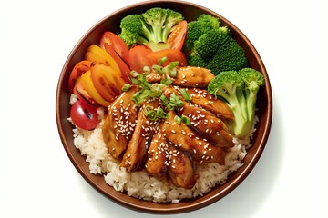 AI generated illustration of a traditional Asian-style rice dish with chicken, carrots, broccoli