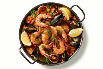 AI generated illustration of cooked seafood dish, featuring shrimp, clams and rice served in a pan