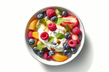 AI generated illustration of a delicious and healthy fruit salad dish, with a creamy yogurt topping
