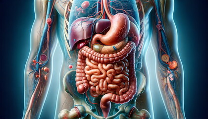 Detailed Visualization of Human Anatomy with a Focus on the Digestive System - obrazy, fototapety, plakaty