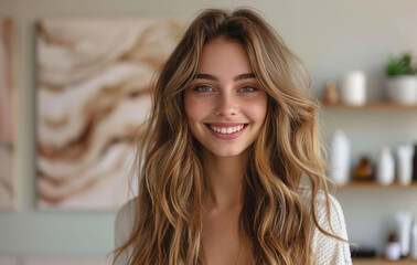 Happy, young woman with curly brown hair standing confidently against a white studio background, showcasing her natural beauty and fashionable style.