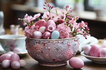 Easter pink decor with painted pink eggs and pink flowers