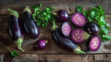A carefully arranged composition of whole and sliced eggplants on a rustic wooden table. Soft, natural light highlights the rich purples and greens, creating a timeless still-life scene.