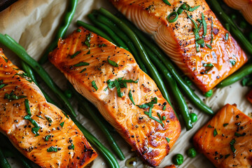 Closeup of Grilled Salmon Fillet with Green Beans