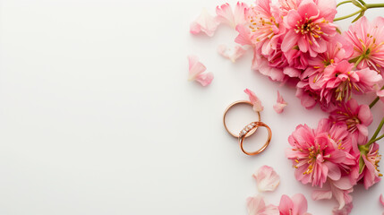 Pink flowers on white background a romantic scene with wedding rings - obrazy, fototapety, plakaty