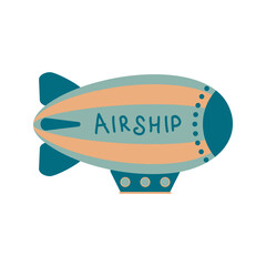 Striped retro blimp with inscription Airship. Perfect print for poster, card, sticker. Isolated vector illustration for decor and design.