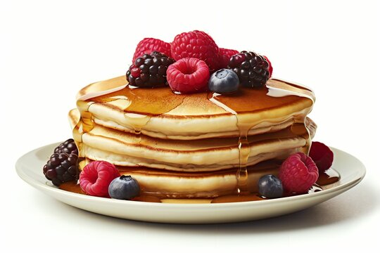 AI generated illustration of delicious pancakes with honey and berries on the white background