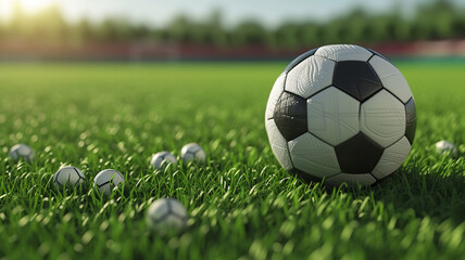 Fototapeta premium 3D soccer ball on a lush field ready for the game AI Generative.