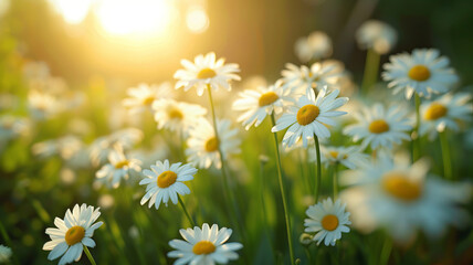 Fototapeta premium Sunlit meadow with daisies blooming, spring freshness. AI Generative.