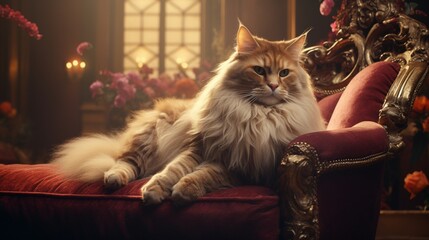 The magnificent image of a cat lounging leisurely on a sumptuous sofa, emanating an air of sophistication.