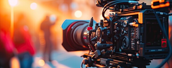 Man using video camera or camcorder while filming. Professional camera close up.