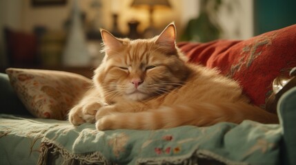 The serene presence of a ginger cat on a comfortable sofa, capturing the essence of relaxation and contentment.