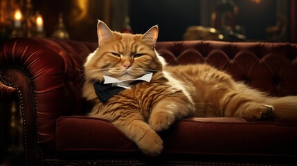 The splendid image of a ginger cat reclining with sophistication on a well-appointed couch.