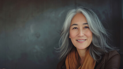 Cute Smiling Woman With Grey Hair. Beautiful Middle-Aged Asian Woman Portrait. Mature beautiful middle aged asian woman, senior older grey haired lady looking at camera.
