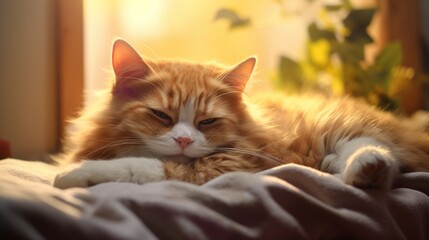 Tranquil scene of a cat resting on a soft pad.