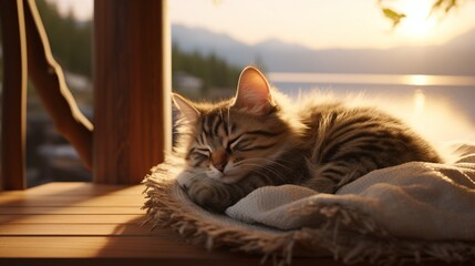 Tranquil scene of a cat resting on a soft pad.