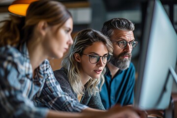 Colleagues are discussing issues in front of their computers